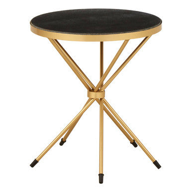 Black Marble Top Round Side Table With Warm Gold Intersecting Stainless Steel Legs, Templar
