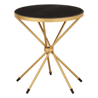 Black Marble Top Round Side Table With Warm Gold Intersecting Stainless Steel Legs, Templar