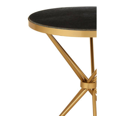 Black Marble Top Round Side Table With Warm Gold Intersecting Stainless Steel Legs, Templar