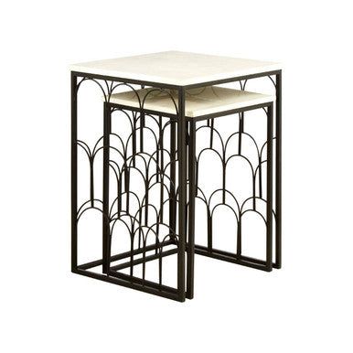 White Marble Top Side Tables With Black Metal Base & Art Deco Pattern, Templar