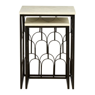 White Marble Top Side Tables With Black Metal Base & Art Deco Pattern, Templar