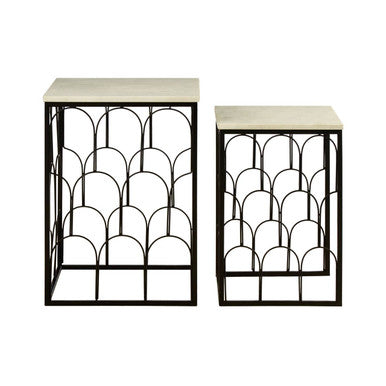 White Marble Top Side Tables With Black Metal Base & Art Deco Pattern, Templar