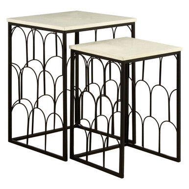White Marble Top Side Tables With Black Metal Base & Art Deco Pattern, Templar