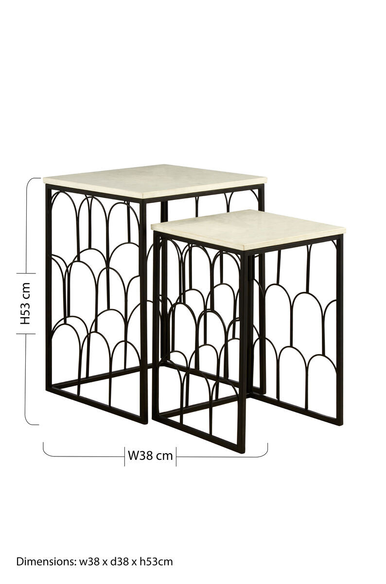 White Marble Top Side Tables With Black Metal Base & Art Deco Pattern, Templar