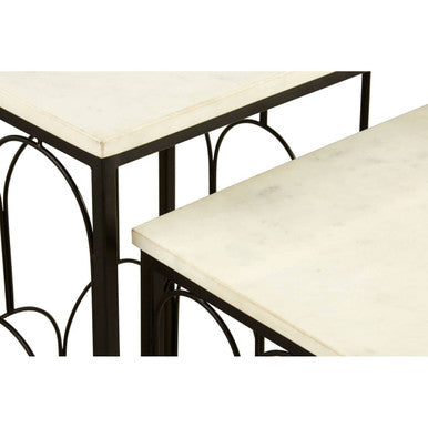 White Marble Top Side Tables With Black Metal Base & Art Deco Pattern, Templar