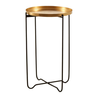 Gold Round Top Side Table With Black Slim Metal Frame & Intersecting Sledge Base, Templar