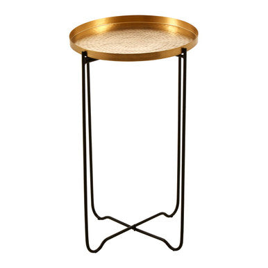 Gold Round Top Side Table With Black Slim Metal Frame & Intersecting Sledge Base, Templar