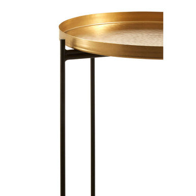 Gold Round Top Side Table With Black Slim Metal Frame & Intersecting Sledge Base, Templar