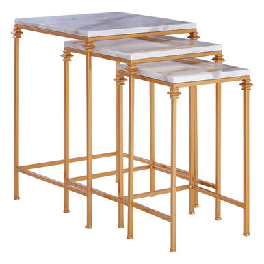 Set Of 3 White Marble Tops Square Nesting Side Tables With Gold Carved Metal Legs, Avantis