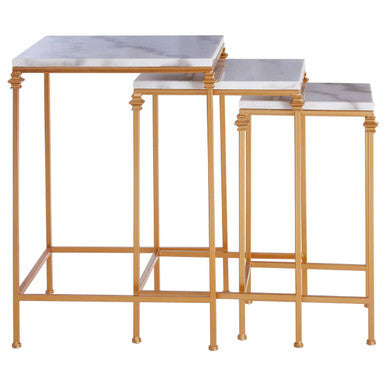 Set Of 3 White Marble Tops Square Nesting Side Tables With Gold Carved Metal Legs, Avantis