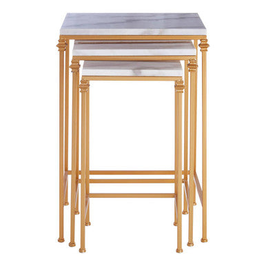 Set Of 3 White Marble Tops Square Nesting Side Tables With Gold Carved Metal Legs, Avantis