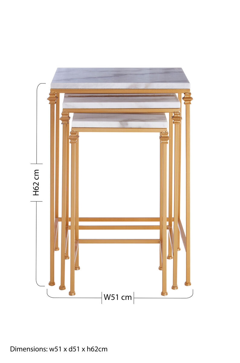 Set Of 3 White Marble Tops Square Nesting Side Tables With Gold Carved Metal Legs, Avantis