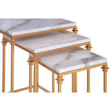 Set Of 3 White Marble Tops Square Nesting Side Tables With Gold Carved Metal Legs, Avantis