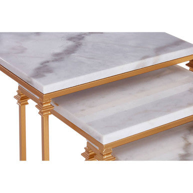 Set Of 3 White Marble Tops Square Nesting Side Tables With Gold Carved Metal Legs, Avantis