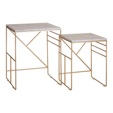 Set Of 2 White Marble Square Nesting Tables With Champagne Metal Legs, Avantis