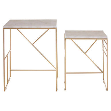 Set Of 2 White Marble Square Nesting Tables With Champagne Metal Legs, Avantis