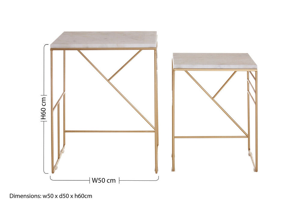 Set Of 2 White Marble Square Nesting Tables With Champagne Metal Legs, Avantis