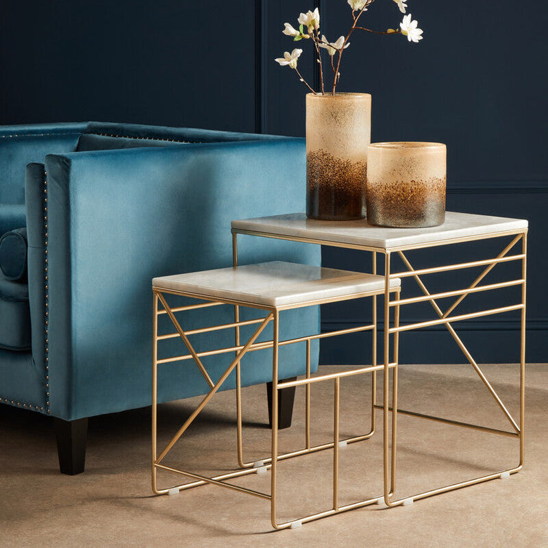 Set Of 2 White Marble Square Nesting Tables With Champagne Metal Legs, Avantis