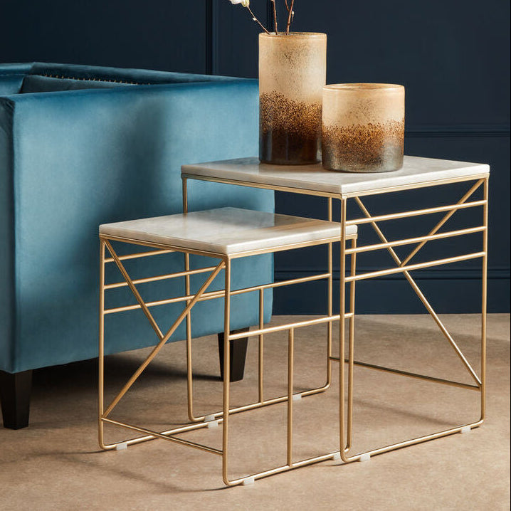 Set Of 2 White Marble Square Nesting Tables With Champagne Metal Legs, Avantis