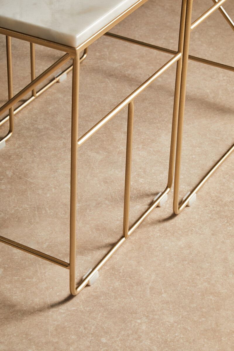 Set Of 2 White Marble Square Nesting Tables With Champagne Metal Legs, Avantis