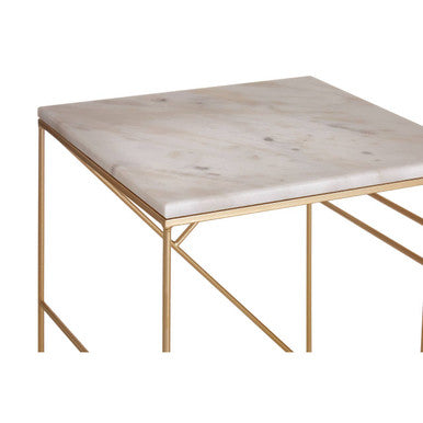 Set Of 2 White Marble Square Nesting Tables With Champagne Metal Legs, Avantis