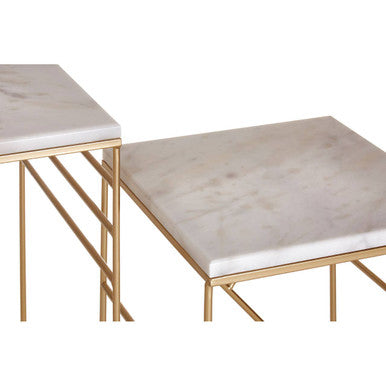 Set Of 2 White Marble Square Nesting Tables With Champagne Metal Legs, Avantis