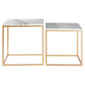 Set Of Two White Marble Top Square Nesting Side Tables With Gold Metal Frame, Avantis