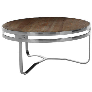 Natural Pine Wood Round Coffee Table With Metal Silver Curved Leg Base, Richmond