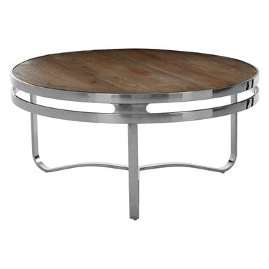 Natural Pine Wood Round Coffee Table With Metal Silver Curved Leg Base, Richmond
