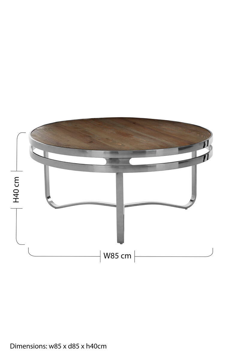 Natural Pine Wood Round Coffee Table With Metal Silver Curved Leg Base, Richmond