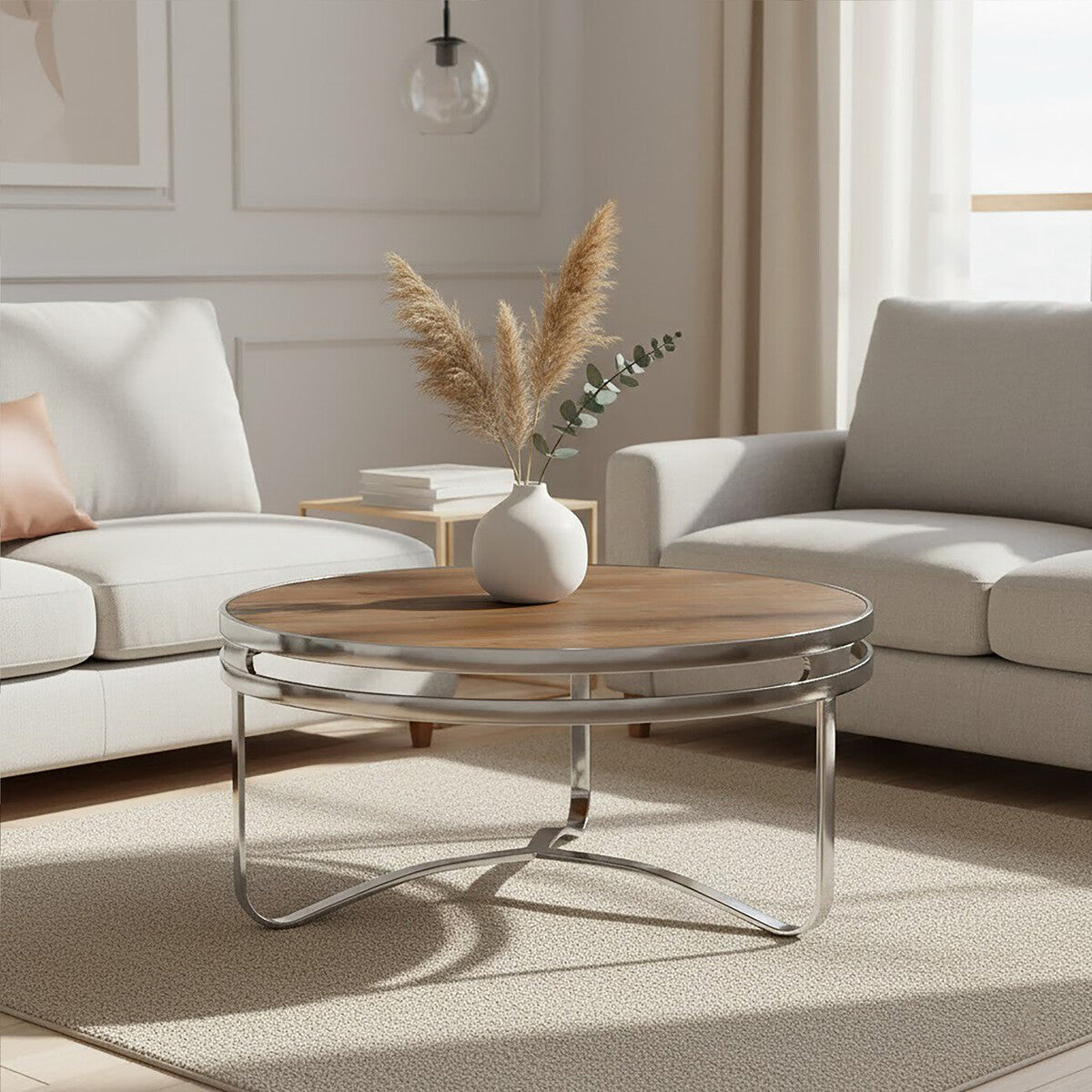Natural Pine Wood Round Coffee Table With Metal Silver Curved Leg Base, Richmond