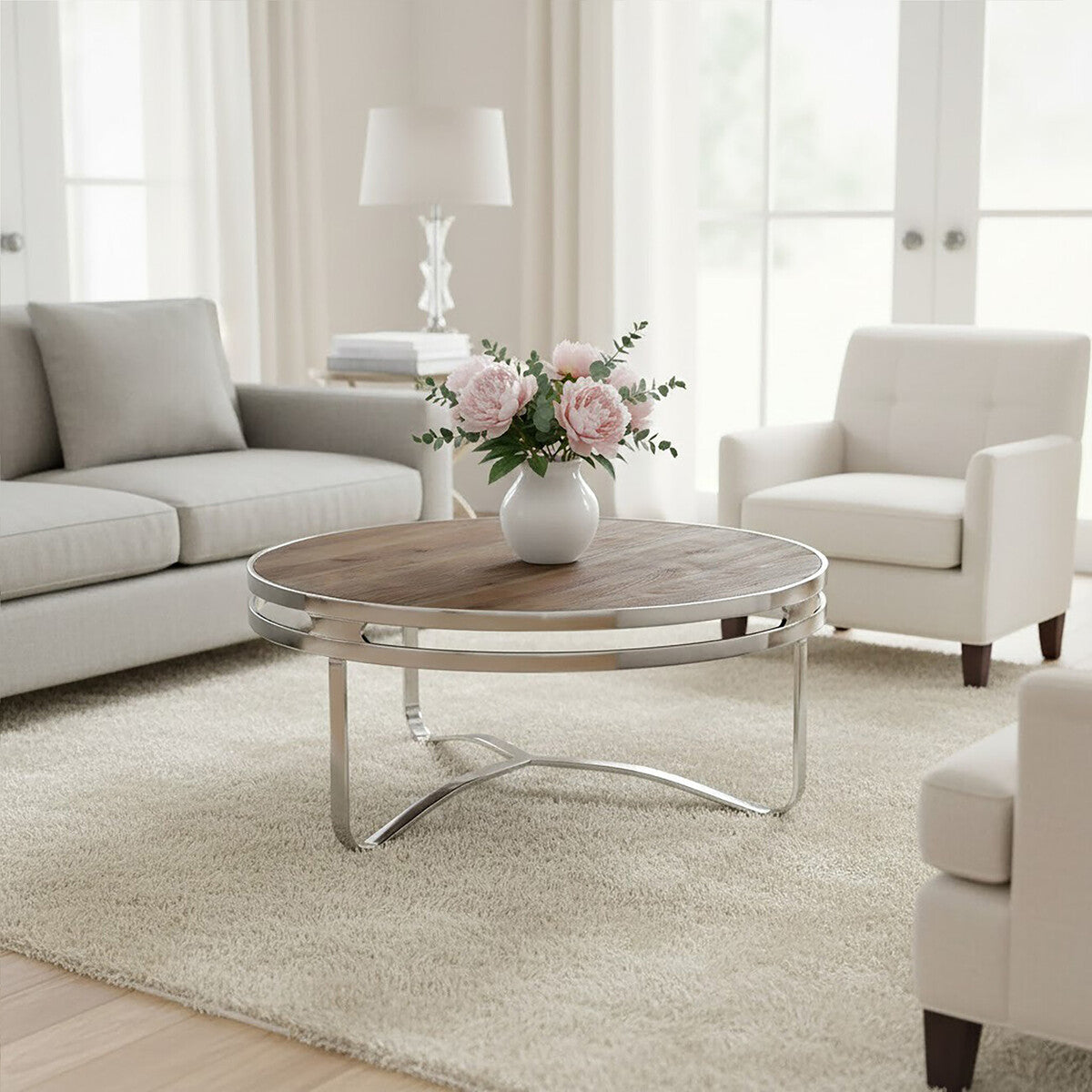 Natural Pine Wood Round Coffee Table With Metal Silver Curved Leg Base, Richmond