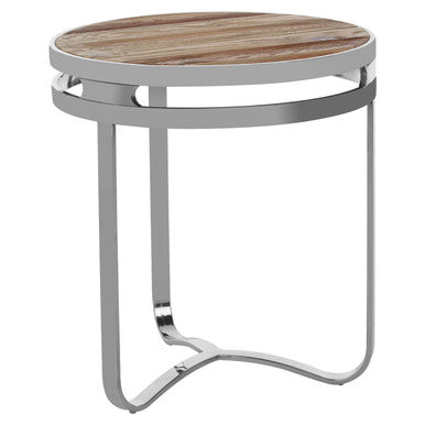 Natural Pine Wood Round Side Table With Silver Metal 3 Curved Leg Base, Richmond