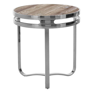 Natural Pine Wood Round Side Table With Silver Metal 3 Curved Leg Base, Richmond