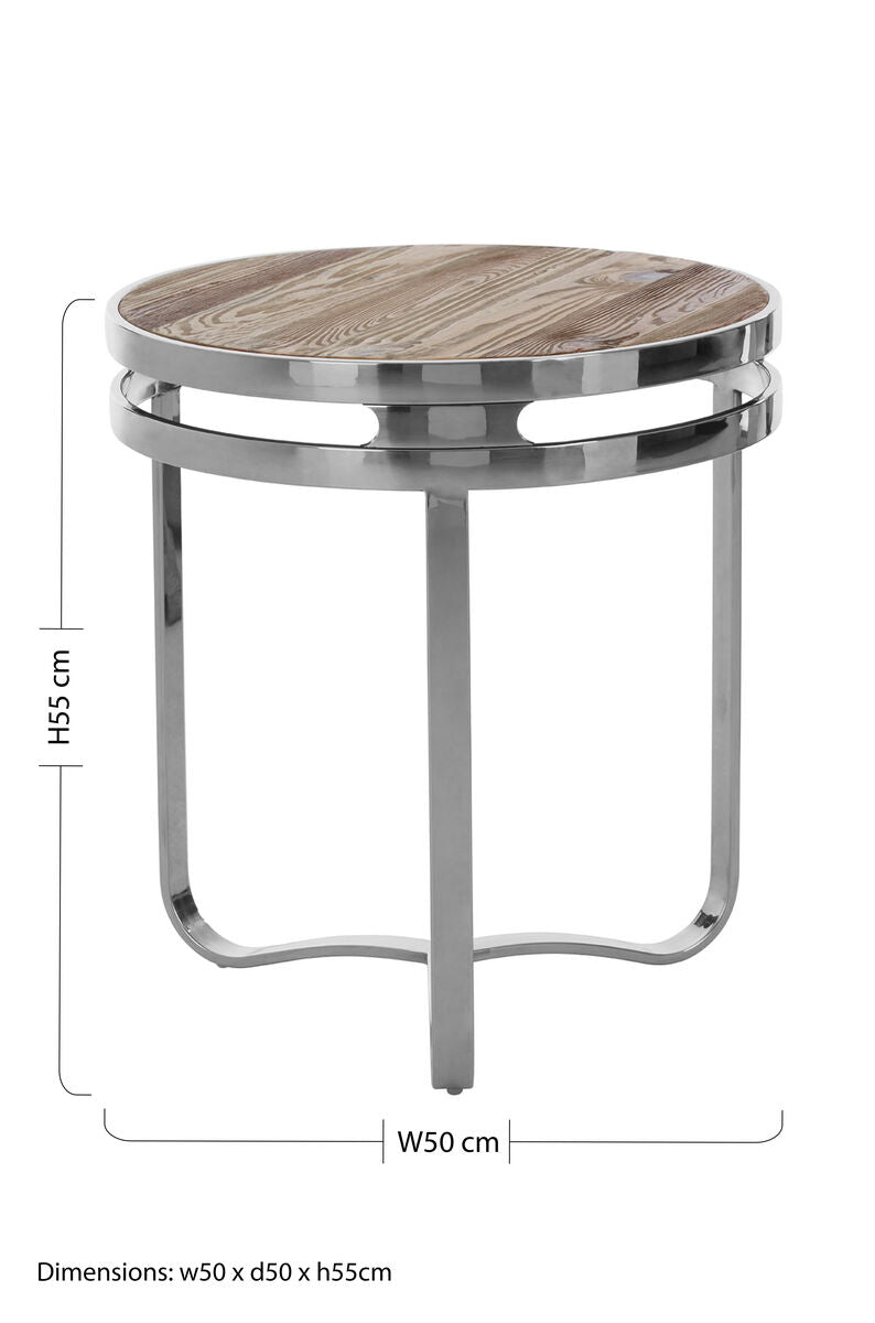 Natural Pine Wood Round Side Table With Silver Metal 3 Curved Leg Base, Richmond