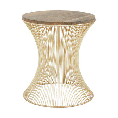 Natural Solid Rustic Wood Top Side Table With Gold Metal Hourglass Base, Templar