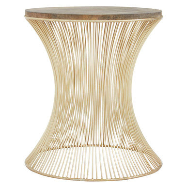 Natural Solid Rustic Wood Top Side Table With Gold Metal Hourglass Base, Templar