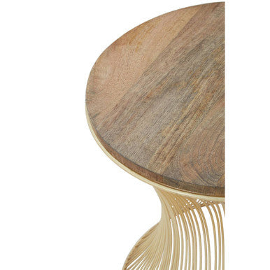 Natural Solid Rustic Wood Top Side Table With Gold Metal Hourglass Base, Templar