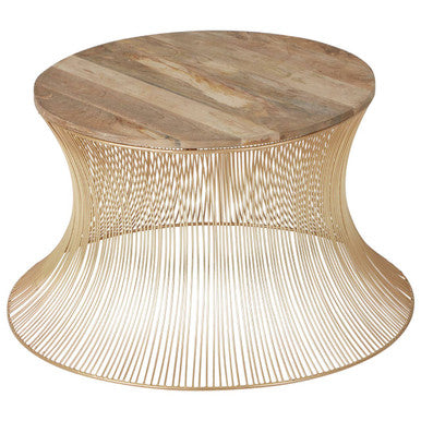 Natural Wood Top Coffee Table With Warm Gold Iron Wireframe Base, Templar