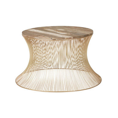 Natural Wood Top Coffee Table With Warm Gold Iron Wireframe Base, Templar