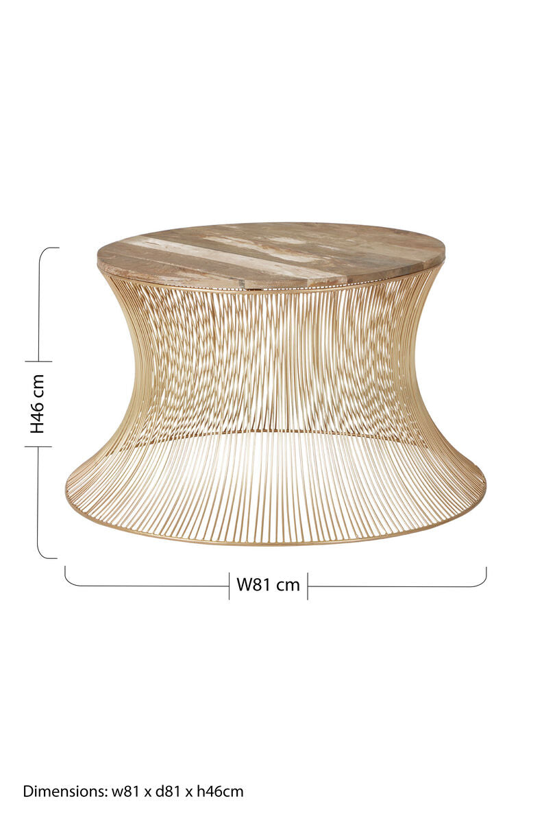 Natural Wood Top Coffee Table With Warm Gold Iron Wireframe Base, Templar
