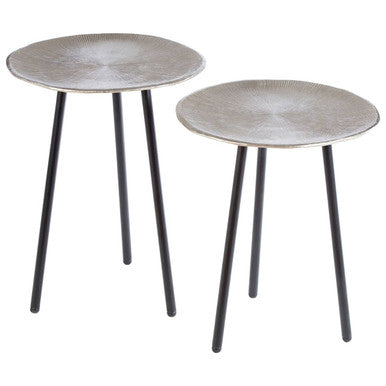 Set Of Two Textured Nickel Round Side Tables With Distressed Aluminium Tops & Black Iron Legs, Templar