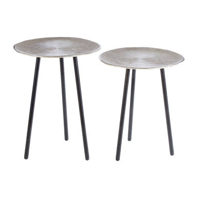 Set Of Two Textured Nickel Round Side Tables With Distressed Aluminium Tops & Black Iron Legs, Templar