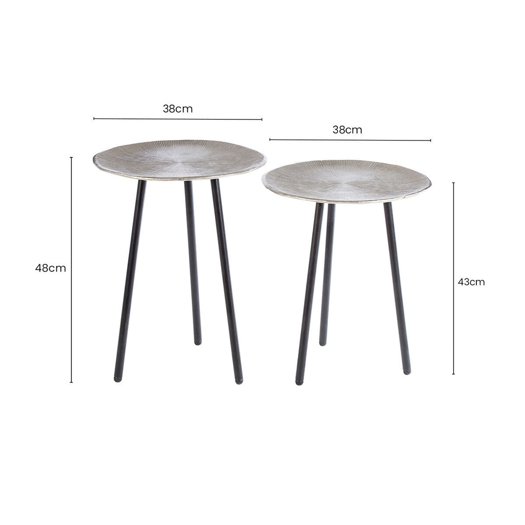 Set Of Two Textured Nickel Round Side Tables With Distressed Aluminium Tops & Black Iron Legs, Templar