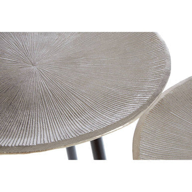 Set Of Two Textured Nickel Round Side Tables With Distressed Aluminium Tops & Black Iron Legs, Templar