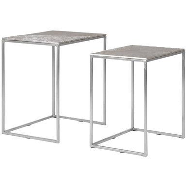 Silver Nickel Set Of Two Rectangular Nesting Tables With Textured Aluminium Tops & Sleek Iron Frame, Templar