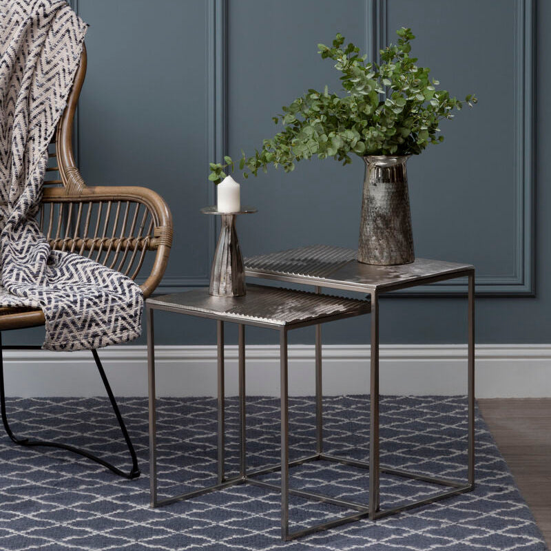 Silver Nickel Set Of Two Rectangular Nesting Tables With Textured Aluminium Tops & Sleek Iron Frame, Templar