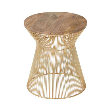 Natural Wood Top Small Coffee Table With Gold Open Wire Hourglass Design Base, Templar