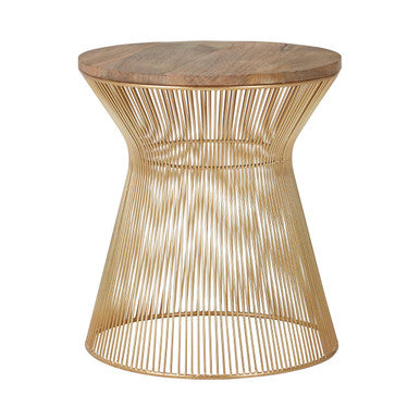 Natural Wood Top Small Coffee Table With Gold Open Wire Hourglass Design Base, Templar