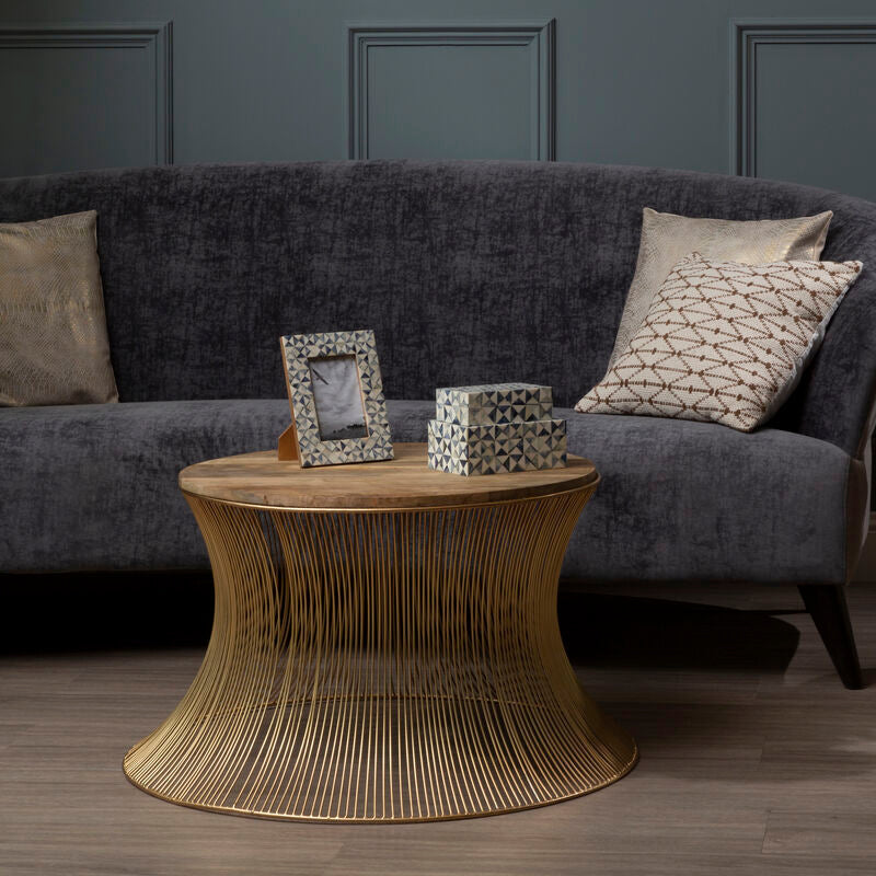 Natural Wood Top Small Coffee Table With Gold Open Wire Hourglass Design Base, Templar